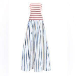 Strapless Chic Striped Blue Red and White Drop Waist Statement Gown Dress S